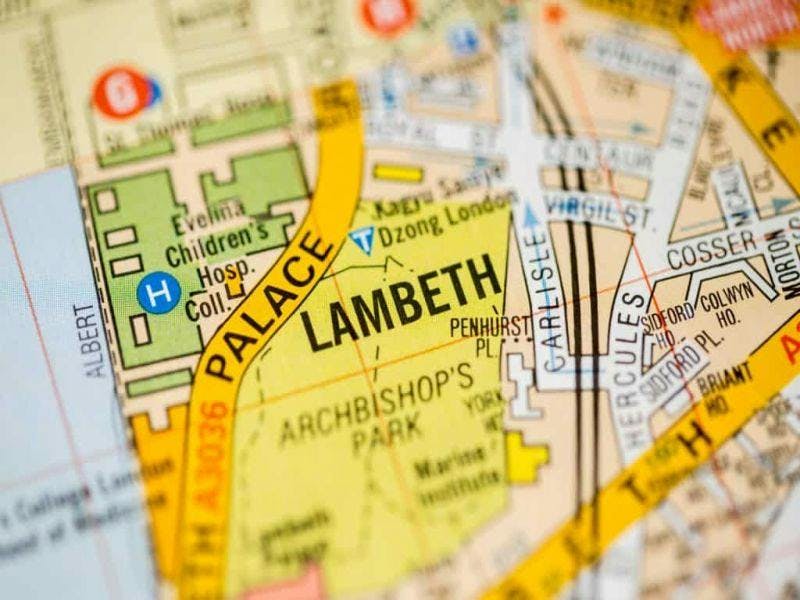 Map featuring locations such as Lambeth