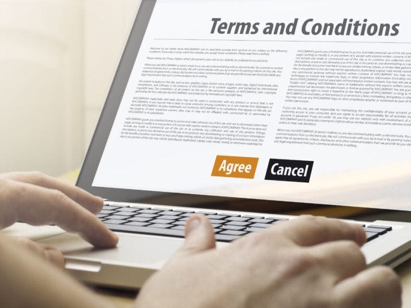 Terms and conditions on screen